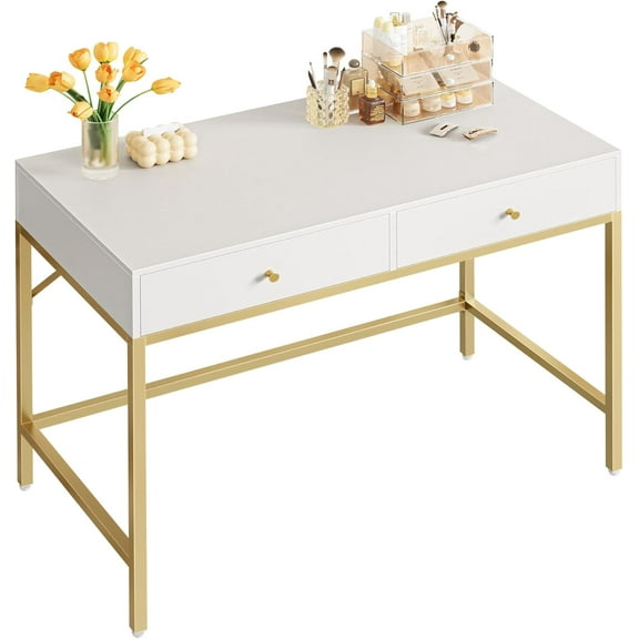 SUPERJARE Vanity Desk with Drawers, 47 inch Computer Desk, Modern Simple Home Office Desks, Makeup Dressing Table for Bedroom - White and Gold