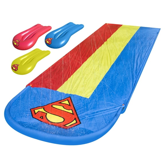 Superman Triple-Lane Water Slide + (3) Inflatable Boogie Boards for Backyard Summer Water Fun, Toddlers & Children Age 3+