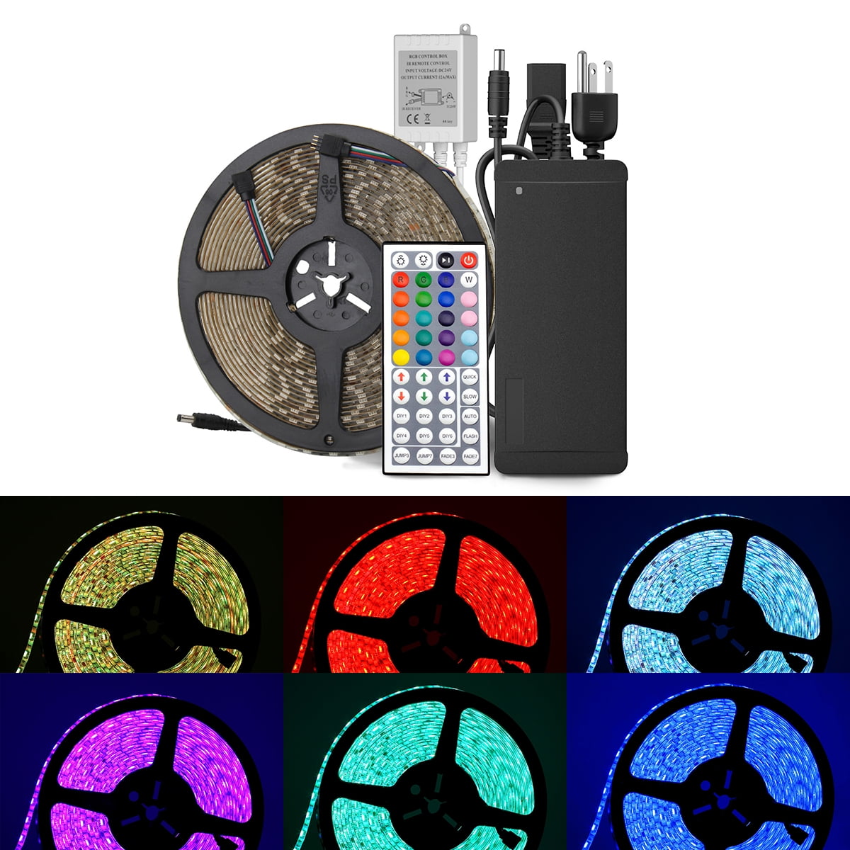 SUPERNIGHT 10M RGB Flexible 32.8ft 600LEDs SMD 5050 LED Strip Light IP65 Waterproof + 24V 44-Key IR Controlller + DC 24V 5A Power Adapter