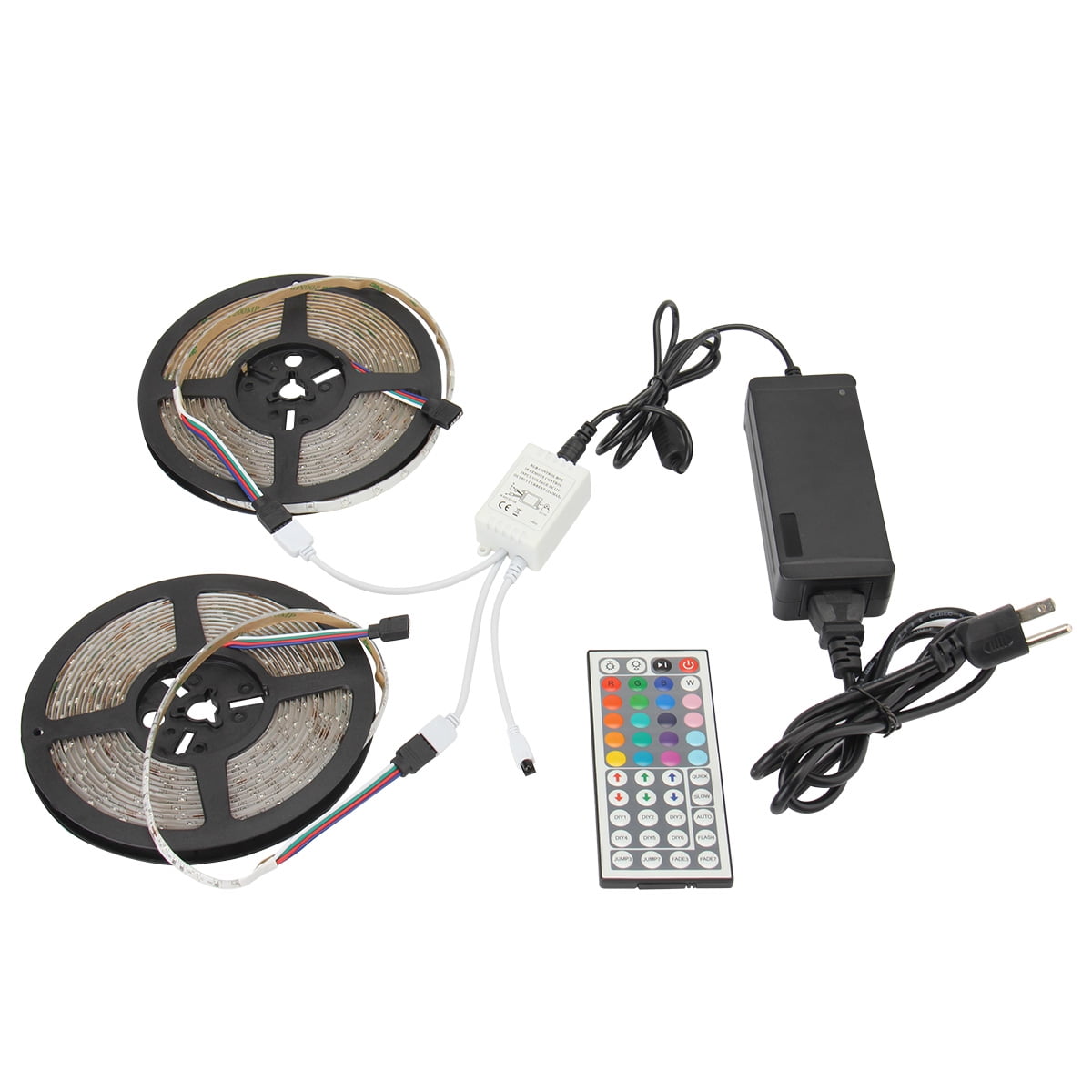 SUPERNIGHT 2Pcs 5M RGB 300LEDs Flexible 60Leds/m SMD 5050 Black PCB LED Strip Light IP65 Waterproof + Dual Ports 44Keys IR Controller + DC 12V Power Supply