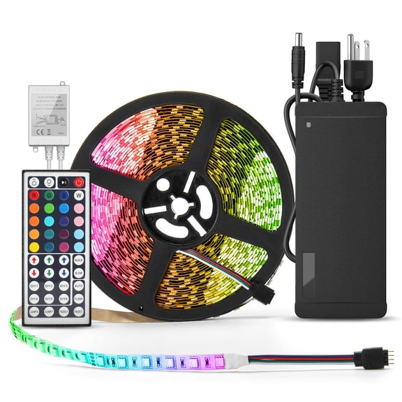 SUPERNIGHT 32.8ft RGB 600LEDs 5050 SMD 10M 60Leds/m Flexible LED Strip Light Non-Waterproof + 44Keys Remote + DC 24V Power Supply