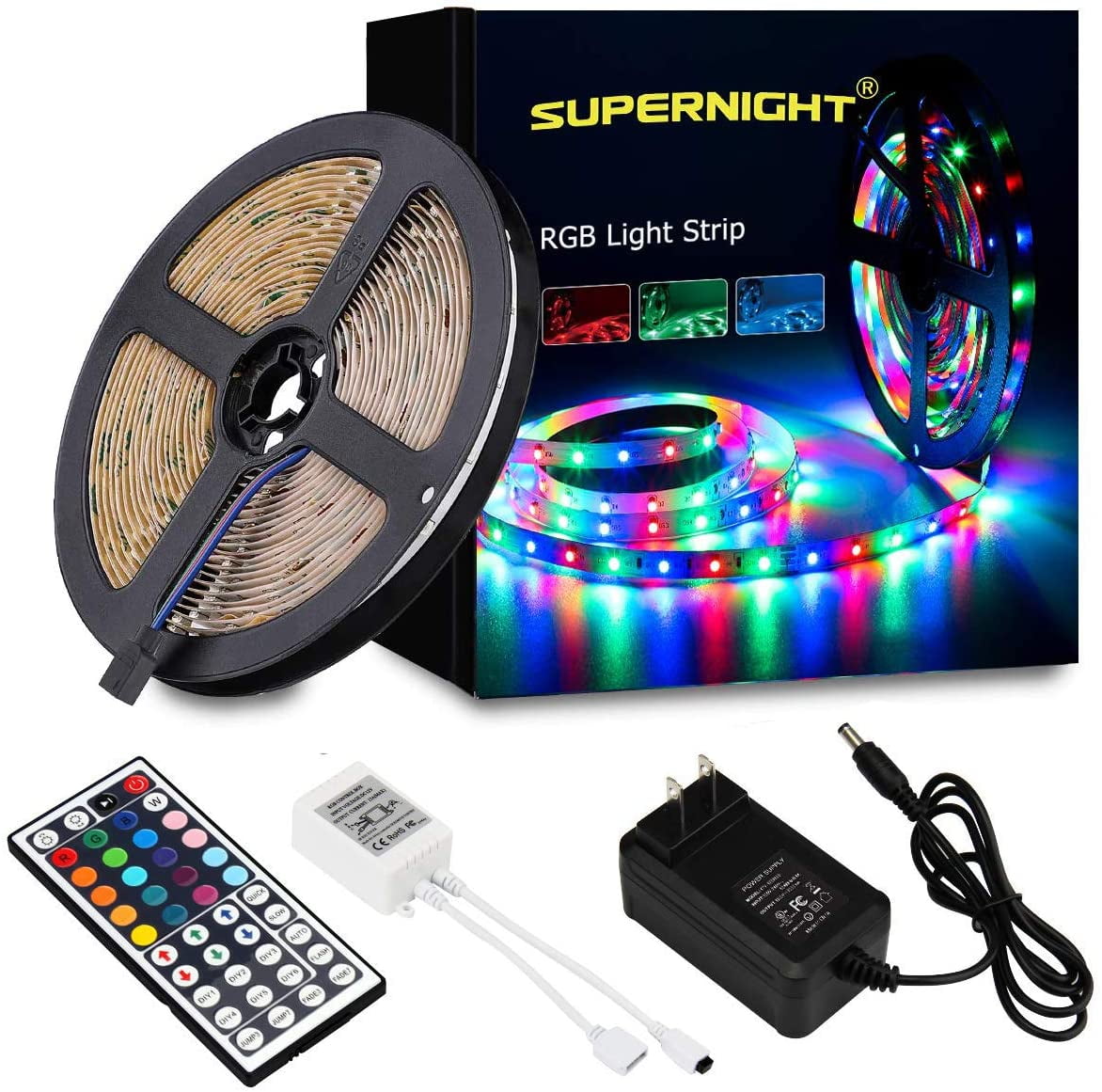 SUPERNIGHT 5M/16.4Ft RGB LED Light Strip NON-Waterproof 3528 SMD RGB 300LEDs, Color Changing Flexible Tape Strip Light Kit with 44Keys IR Remote Control, Power Supply for Party, Bar, Home Decoration