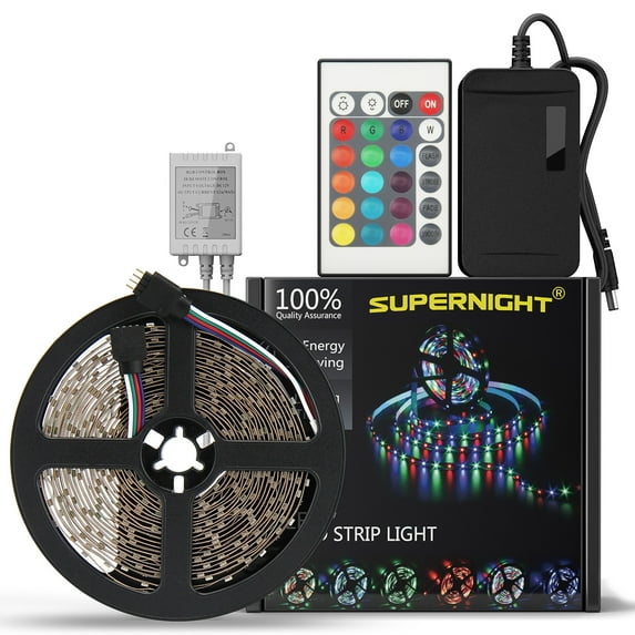 SUPERNIGHT 5M RGB Flexible 16.4ft 300LEDs SMD 3528 LED Strip Light IP65 Waterproof + 24Keys IR Remote + DC 12V Power Supply