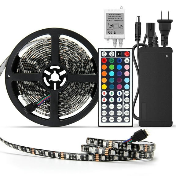 SUPERNIGHT Black PCB RGB 16.4ft 300LEDs Flexible 5M 60Leds/m SMD 5050 4-Pin LED Strip Light IP65 Waterproof + 44Keys IR Remote Controller + DC 12V Power Supply