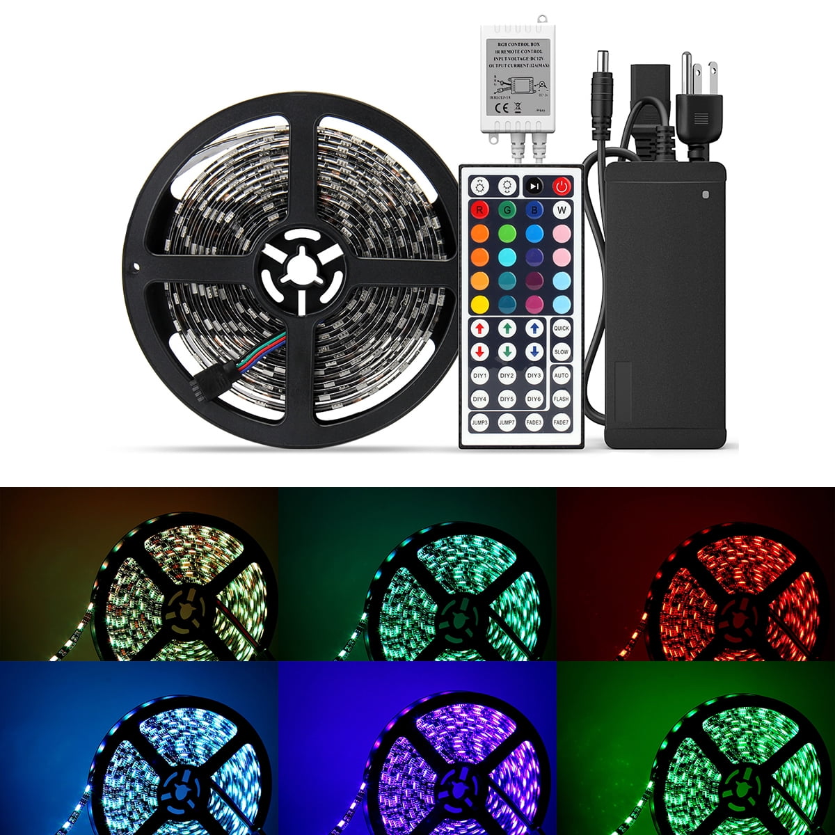 SUPERNIGHT Black PCB RGB 16.4ft 300LEDs Flexible 5M 60Leds/m SMD 5050 LED Strip Light Non-Waterproof + 4-Pin 44Keys IR Remote Controller + DC 12V Power Supply