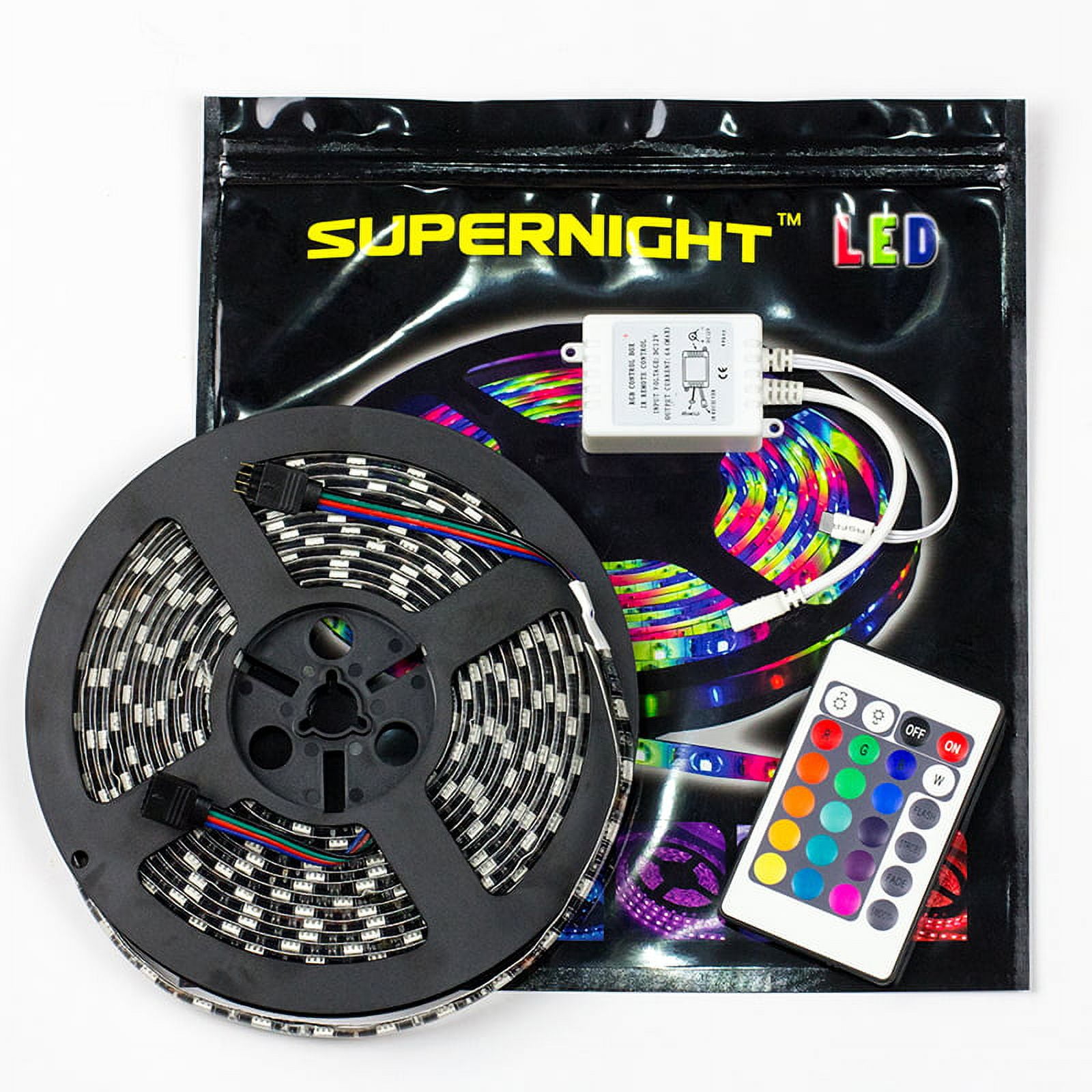SUPERNIGHT RGB 16.4ft 300LEDs Flexible 5M 60Leds/m SMD 5050 Black PCB LED Strip Light IP65 Waterproof + 4-Pin 24Keys IR Remote Controller + DC 12V Power Supply
