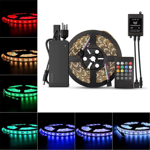 SUPERNIGHT RGB 5M 300LEDs Flexible 16.4ft SMD 5050 LED Strip Light IP65 Waterproof + 20Keys IR Controller + DC 12V Power Supply