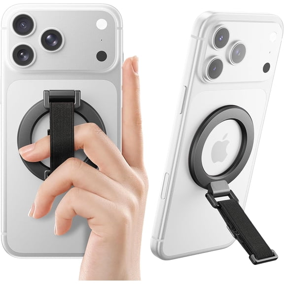 for MagSafe Phone Grip with Finger Strap, Removable Magnetic Ring Holder with Kickstand Finger Loop, MagSafe Accessories for iPhone 17/16/15/14/13/12 Series, Black