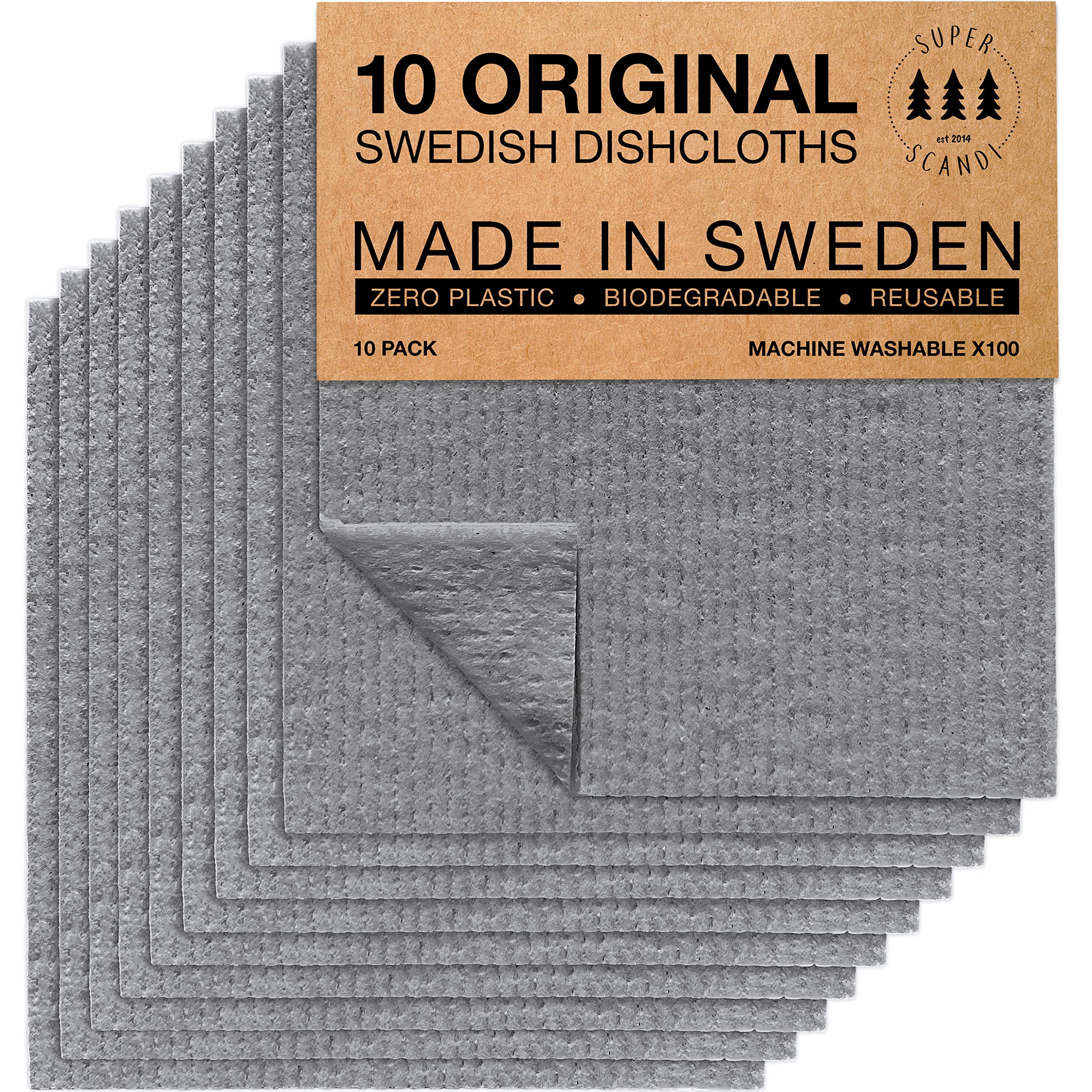 Grey Swedish Cellulose Cotton Dishcloths 10-Pack