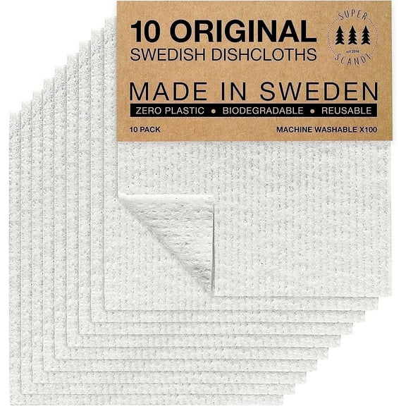 SUPERSCANDI Swedish Dishcloths for Kitchen 10 Pack of White Reusable Compostable