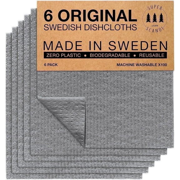 SUPERSCANDI Swedish Dishcloths for Kitchen 6 Pack of Grey Reusable Compostable