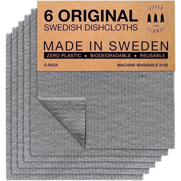 SUPERSCANDI Swedish Dishcloths for Kitchen 6 Pack of Grey Reusable Compostable