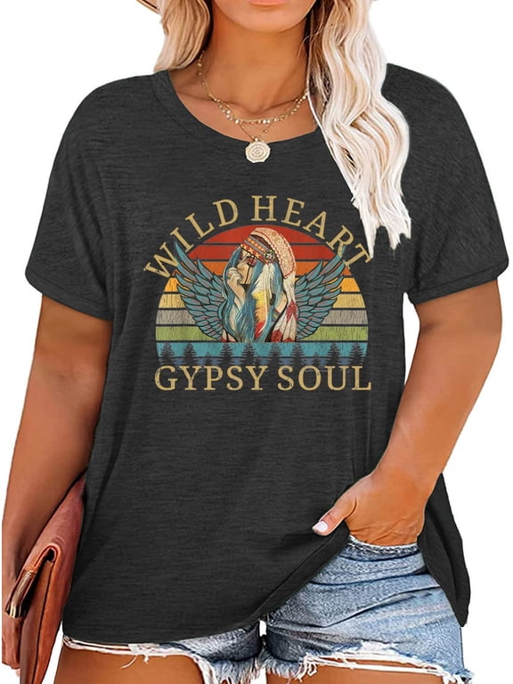 Plus Size Wild Heart Gypsy Soul T-Shirt Women Country Music Graphic Vintage Shirt Casual Short Sleeve Tee Tops (Dark Grey, 4XL)
