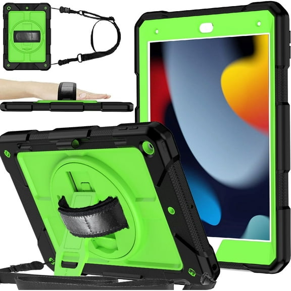 SUPNICE iPad 9th/8th/7th Generation Case, iPad 10.2 Case,Shockproof 360 Rotating Stand Hand Strap Pencil Holder Kids Case for iPad 10.2 inch 2021/2020/2019,Black and Green
