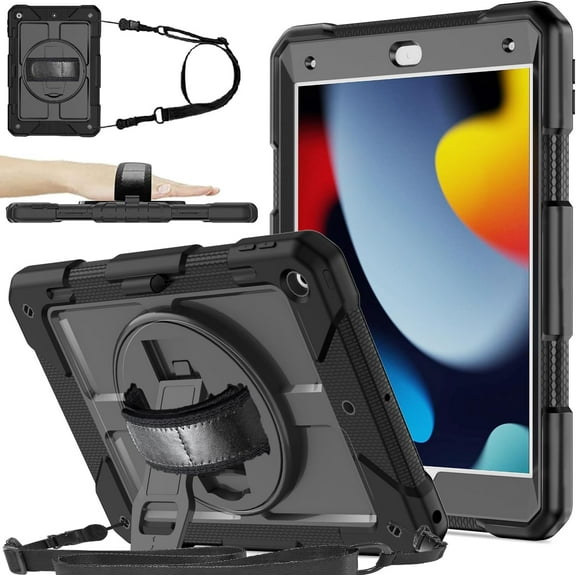 SUPNICE iPad 9th/8th/7th Generation Case,iPad 10.2 Case for kids, Shockproof [360 Rotating Stand] [Hand Strap] [Pencil Holder] Case for New iPad 9th Gen, iPad 10.2 Inch 2021/2020/2019,Black