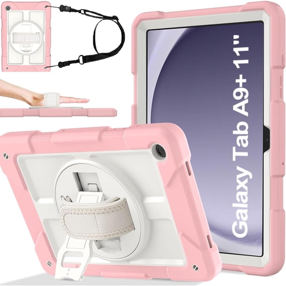 SUPNICE 360 Rotating Case for Samsung Galaxy A11 Plus 11.0" 2025 / A9+ Plus 11.0" 2023, Shockproof Galaxy Tab A9 Plus Case with Stand and Hand/Shoulder Strap, Pink