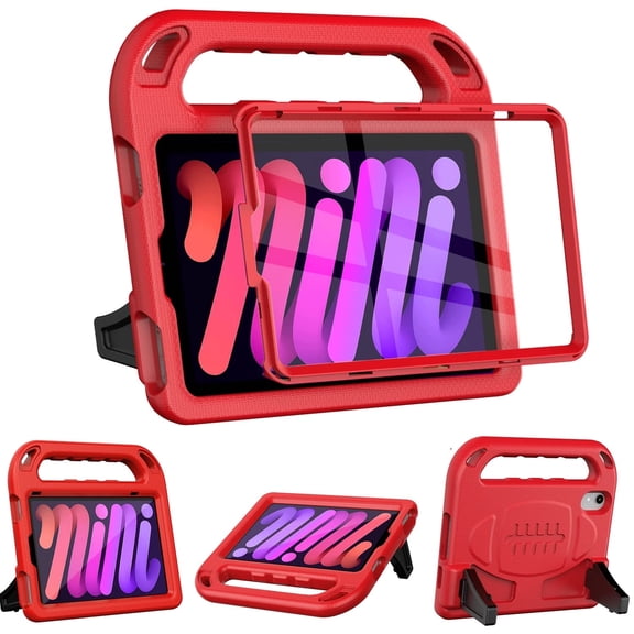 SUPNICE Kids Case for iPad Mini 7 (A17 Pro) 2024 8.3 inch, Mini 6 2021 with Built-in Screen Protector, Shockproof Lightweight Handle Stand Cover for Model (A2995/A2996, A2567/A2568/A2569), Red