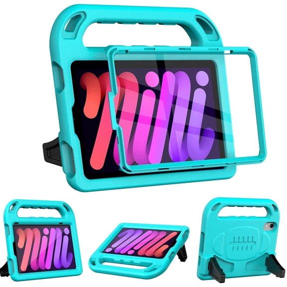 SUPNICE Kids Case for iPad Mini 7 (A17 Pro) 2024 8.3 inch, Mini 6 2021 with Built-in Screen Protector, Shockproof Lightweight Handle Stand Cover for Model (A2995/A2996, A2567/A2568/A2569), Turquoise