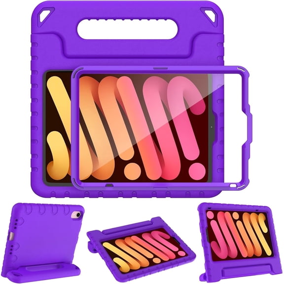 SUPNICE Kids Case for iPad mini 7 (A17 Pro) 2024 8.3 inch, Mini 6 2021 with Built-in Screen Protector, Shockproof Lightweight Handle Stand Cover for Model (A2995/A2996, A2567/A2568/A2569), Purple
