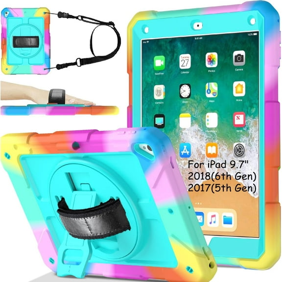 SUPNICE Rugged Case for iPad 9.7 Inch 2018/2017, 3 Layer Hybrid Shockproof [360 Rotating Stand] [Hand Strap] [Pencil Holder] Kids Case, iPad 6th Generation Case, iPad 5th Generation Case, Turquoise