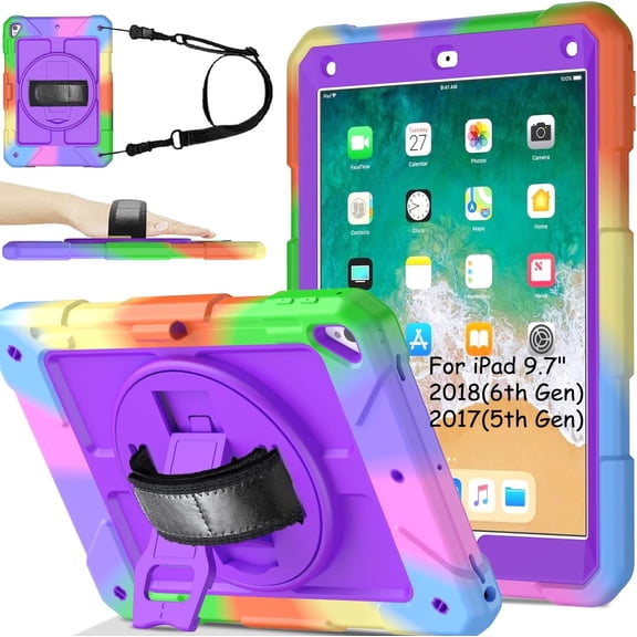 SUPNICE Rugged Case for iPad 9.7 Inch 2018/2017, 3 Layer Hybrid Shockproof [360 Rotating Stand] [Hand Strap] [Pencil Holder] Kids Case, iPad 6th Generation Case, iPad 5th Generation Case, Purple