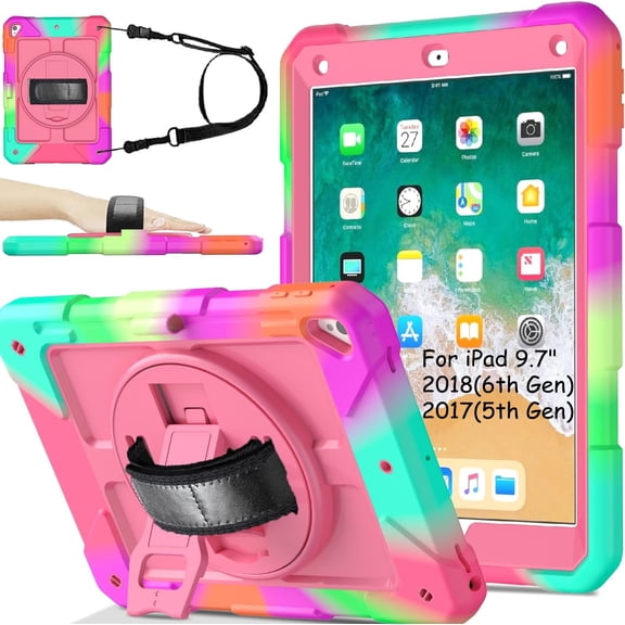 SUPNICE Rugged Case for iPad 9.7 Inch 2018/2017, 3 Layer Hybrid Shockproof [360 Rotating Stand] [Hand Strap] [Pencil Holder] Kids Case, iPad 6th Generation Case, iPad 5th Generation Case, Pink