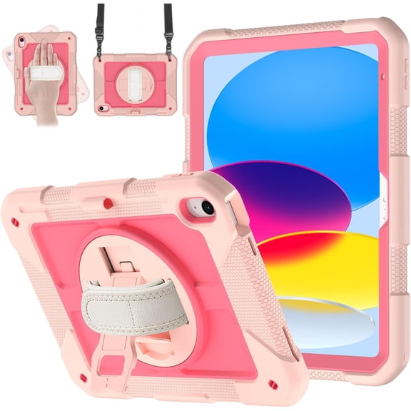 SUPNICE Rugged Case for iPad A16 11th Gen 11 Inch 2025 & iPad 10th Gen 10.9 Inch 2022, Heavy Duty Shockproof Cover with 360° Rotating Stand, Hand Strap, Shoulder Strap & Pencil Holder,Light Pink