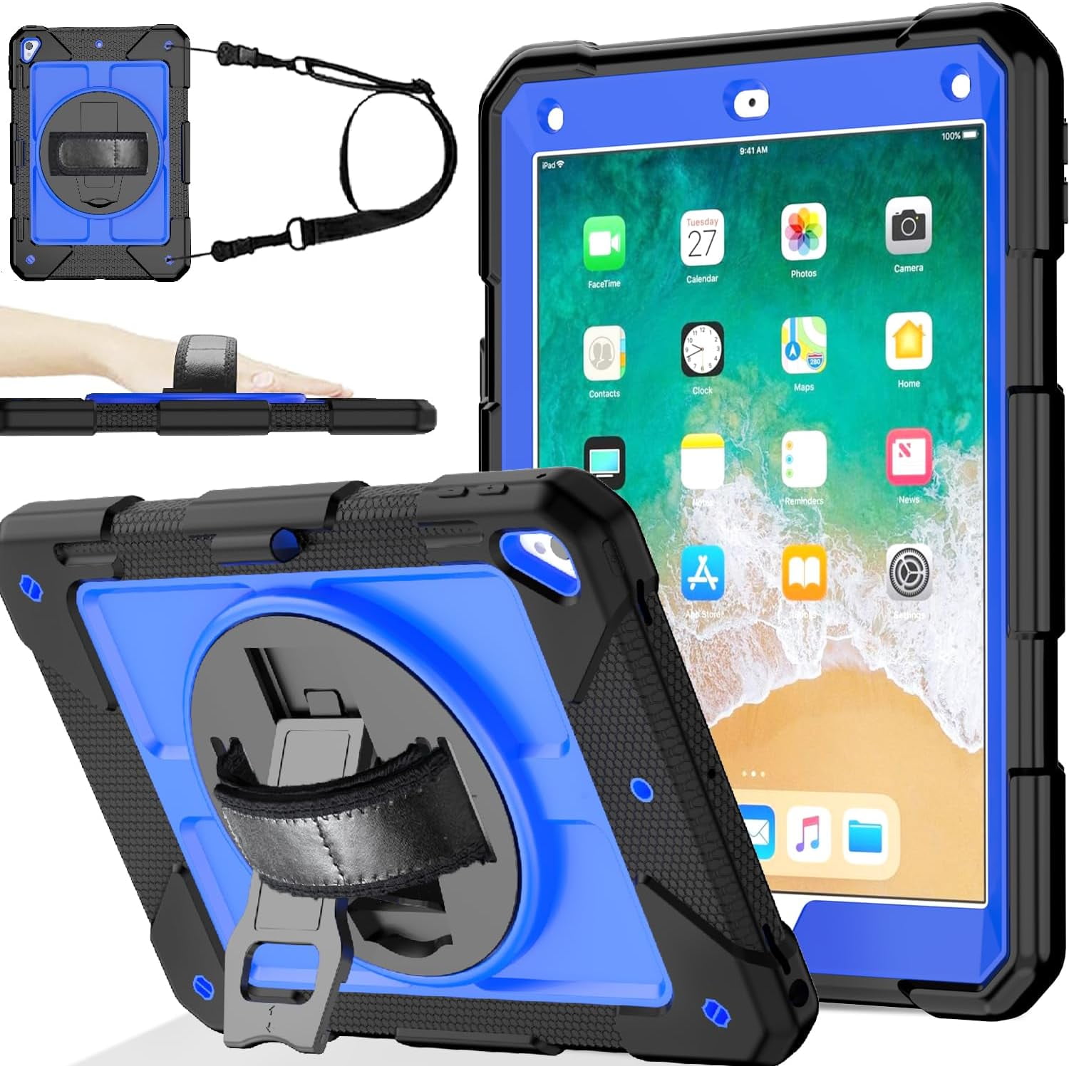SUPNICE iPad 6th/5th Generation Case, iPad Air 2 Case, iPad 9.7 Case 2018/2017,iPad 9.7 Pro Case,Shockproof [360 Rotating Stand][Hand Strap][Pencil Holder] Case, Deep Blue