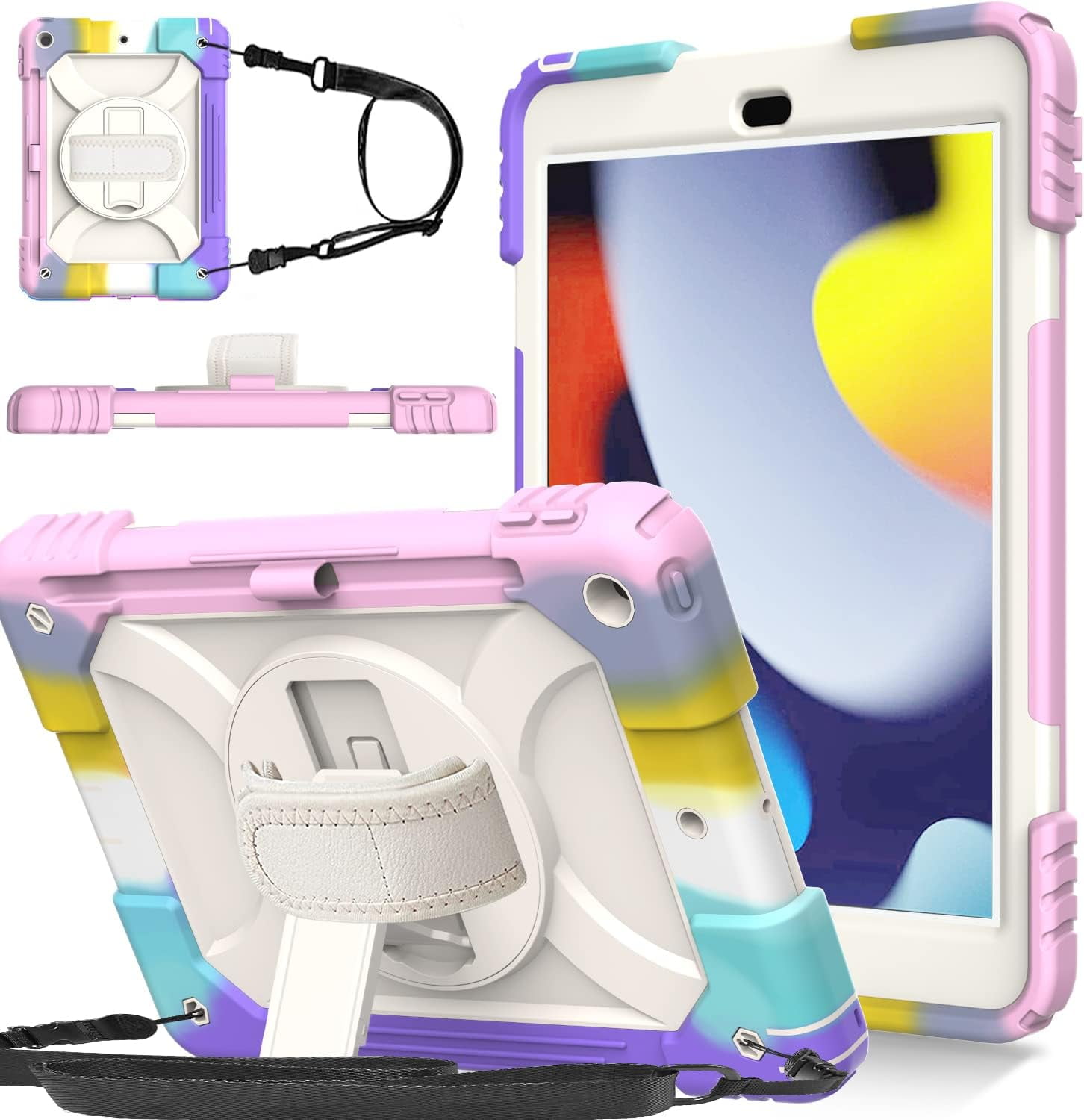 SUPNICE iPad 9th/8th/7th Generation Case, iPad 10.2 Case,Shockproof 360 Rotating Stand Hand Strap Pencil Holder Kids Case for iPad 10.2 inch 2021/2020/2019 - Rainbow