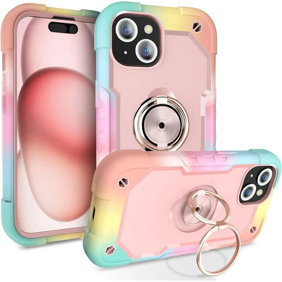 SUPNICE Shockproof Cell Phone Case with 360° Rotating Ring Kickstand for iPhone 15, Rainbow Pink