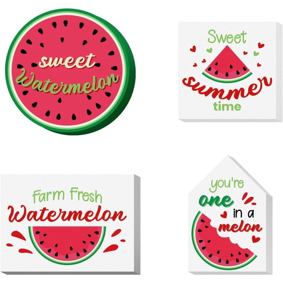 SUPPERDANT 4pcs/Set Wood Sign Watermelon Tiered Tray Decor Set Summer Theme Self Standing 3D Wood Sign for Craft Projects Signs DIY Projects Square Round Rectangle Polygon 3.9x3.9in Colorful DIY