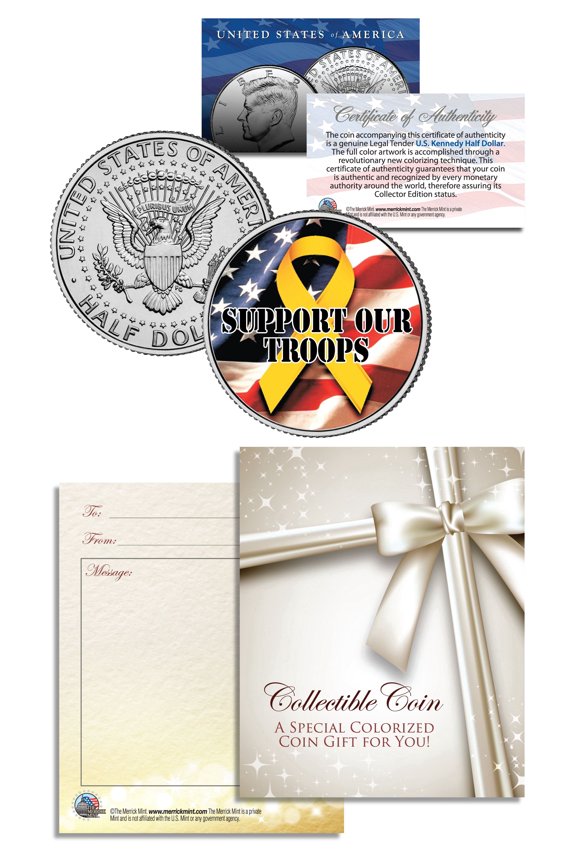 SUPPORT OUR TROOPS YELLOW RIBBON Kennedy Half Dollar US Coin w/Gift Card