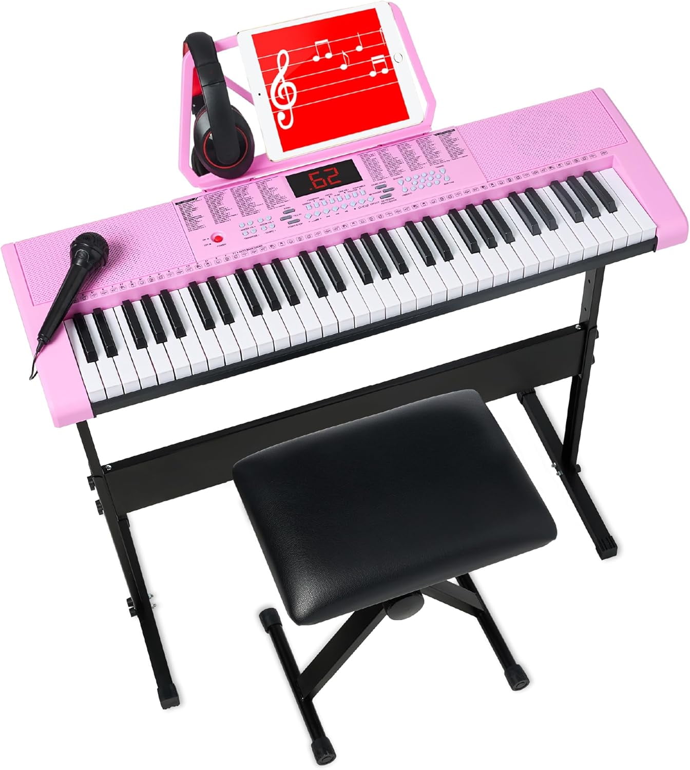 SUPQ 61-Key Electronic Keyboard Piano Portable Electric Keyboard Complete Beginner Set w/LED Screen, Stand, Bench, Headphones - Pink