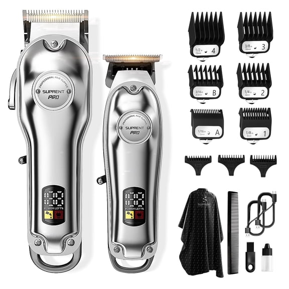 SUPRENT Professional Cordless Hair Clippers and Zero-Gapped Trimmer Kit, Titanium Ceramic Blade, Type-C Rechargeable, Silver