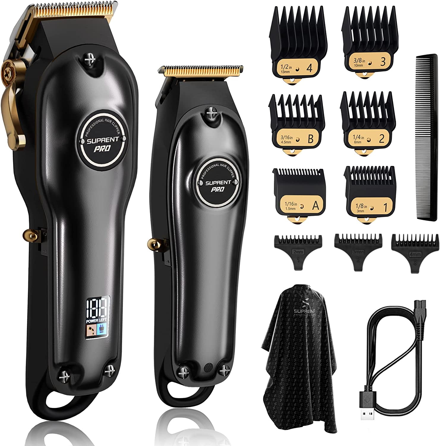 SUPRENT® Professional Hair Clippers for Men, Hair Cutting Kit & Zero Gap  T-Blade Trimmer Combo, Cordless Barber Clipper Set with LED Display (Silver)