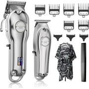 SUPRENT® Professional Hair Clippers for Men, Hair Cutting Kit & Zero Gap T-Blade Trimmer Combo, Cordless Barber Clipper Set with LED Display (Silver)