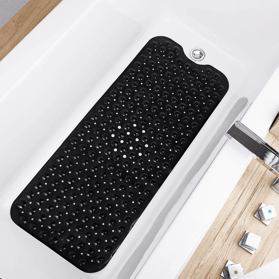 SUPTREE Non Slip Shower Mat for Bathtub with Drain Hole Bathroom Tub Mats Suction Cup 100x40cm, Black