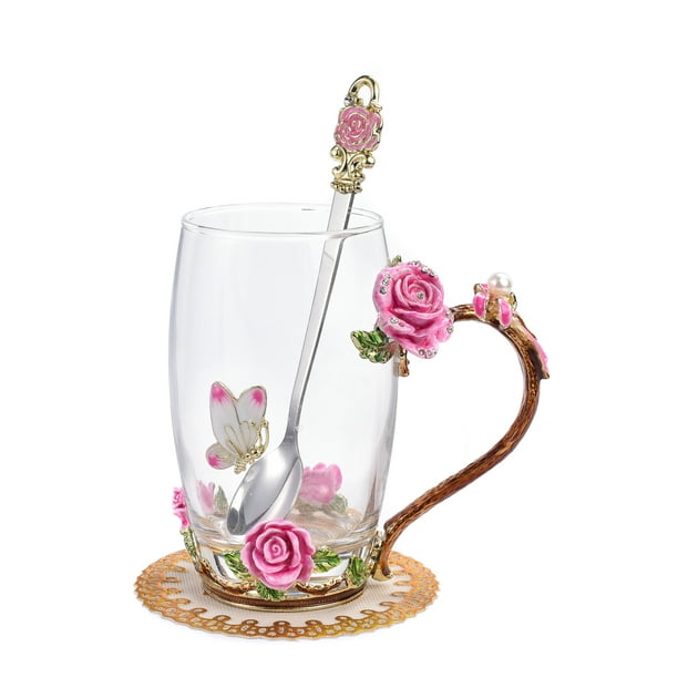 SUQ I OME Enamel Rose and Butterfly Flower Glass Tea Cup Birthday Gifts ...