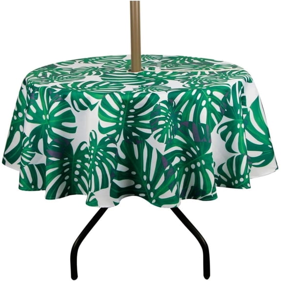 SUQ I OME Patio Outdoor Umbrella Tablecloth with Hole and Zipper,Zippered,Spring Summer Table Covers for Backyard Circular Table BBQs Picnic(Leaf Green,60'' Round)