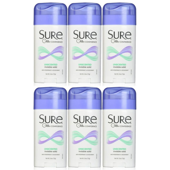 SURE, Antiperspirant Deodorant, Solid, Unscented, 2.6 Ounce (Pack of 6)