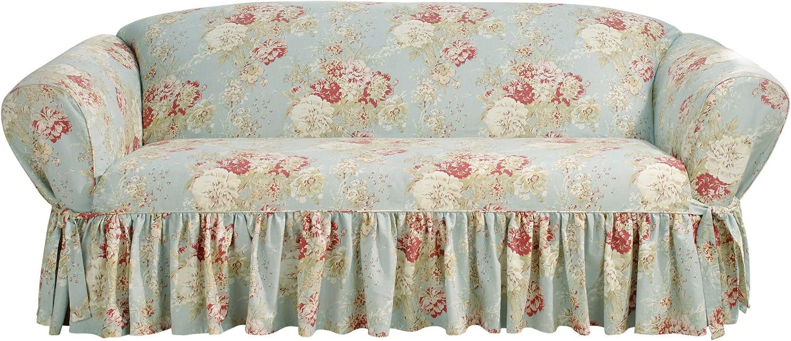SURE FIT Waverly Ballad Bouquet 1 Piece Sofa Slipcover in Robin's Egg