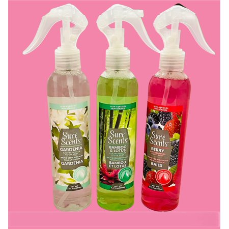 SURE SCENTS FRAGRANT AROMATIC ROOM SPRAY AIR FRESHENER BERRY FLAVOR, BAMBOU ET LOTUS & GARDENIAROOM MIST BAIES NET WT 9.47 fl. oz EACH, PACK OF 3.