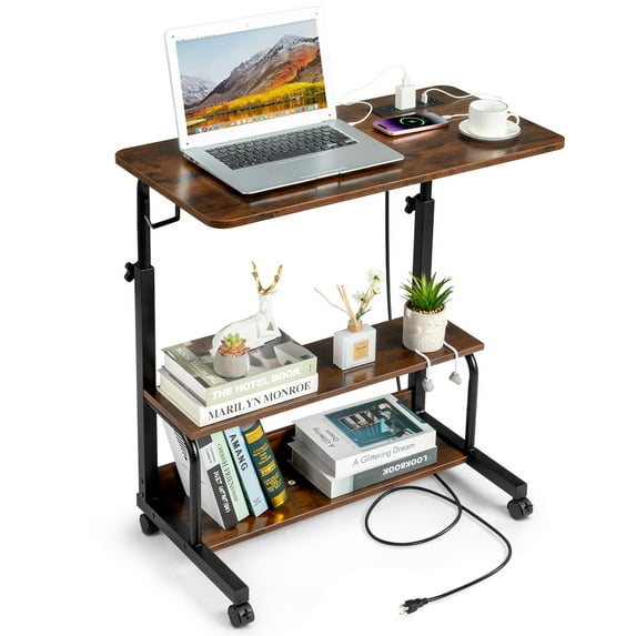 SUREGO Adjustable Computer Desk with Storage Shelves, 3 Level Study Table with Lockable Wheels, 3 USB Ports & 2 AC Outlets, Ergonomic Laptop Table for Home Office, Brown