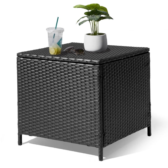 SUREGO Outdoor Storage Side Table, 27 Gallon PE Wicker Patio End Table with Lid for Furniture Covers, Gardening Tools, Toys, Black Rattan