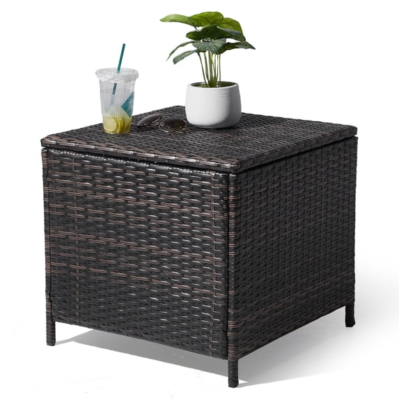 SUREGO Outdoor Storage Side Table, 27 Gallon PE Wicker Patio End Table with Lid for Furniture Covers, Gardening Tools, Toys, Brown Rattan