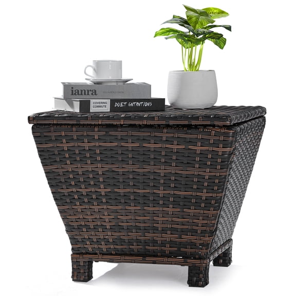 SUREGO Outdoor Storage Table with Lid, 13 Gallon PE Wicker Patio Side Table for Garden, Pool, Hose & Cushion, Brown Rattan