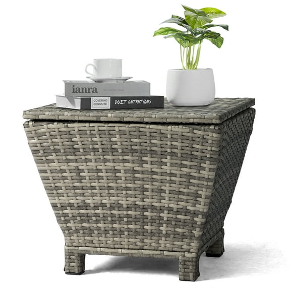 SUREGO Outdoor Storage Table with Lid, 13 Gallon PE Wicker Patio Side Table for Garden, Pool, Hose & Cushion, Gray Rattan