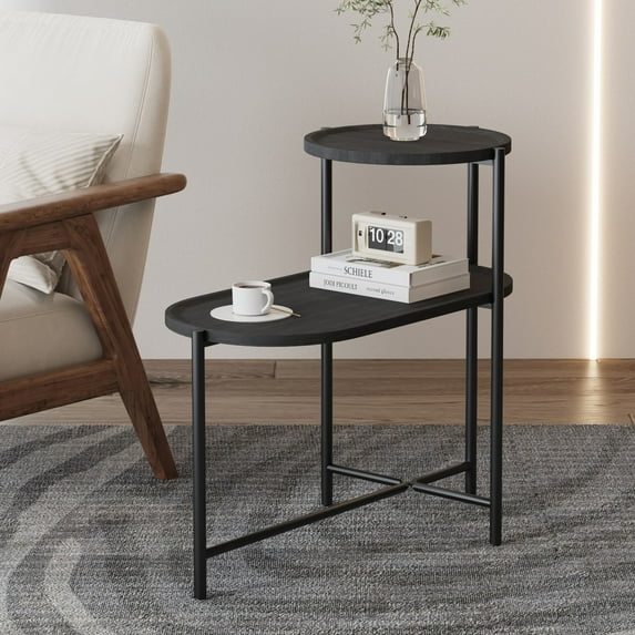 SUREGO Round Coffee Table with Storage, 2 Tier Oval End Table, Small Side Table for Living Room, Black Wood Modern Accent Table with Sturdy Metal Frame