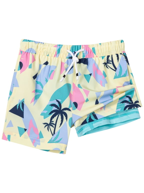 Boys Swim Trunks with Boxer Brief Liner Toddler Boy Stretch Swimsuit Shorts Quick Dry Swimming Trunks Bathing Suit