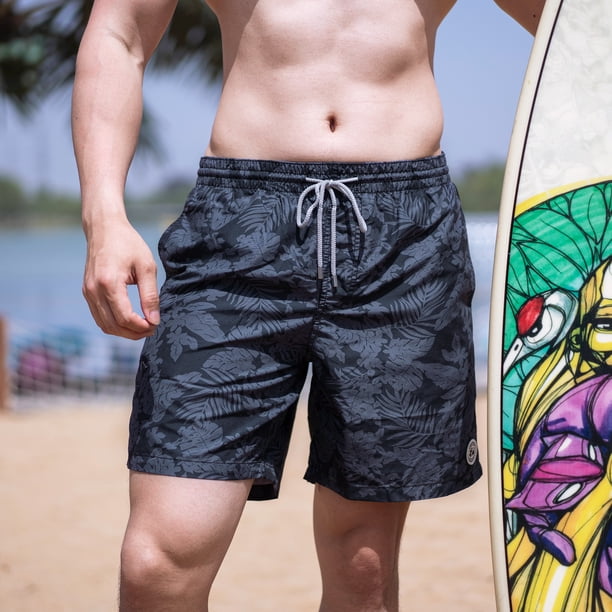 DAKIMOE Mens Swim Trunks, 2-in-1 Quick-Dry Compression Liner Shorts Zipper Pockets Navy Coconut Tree Xl